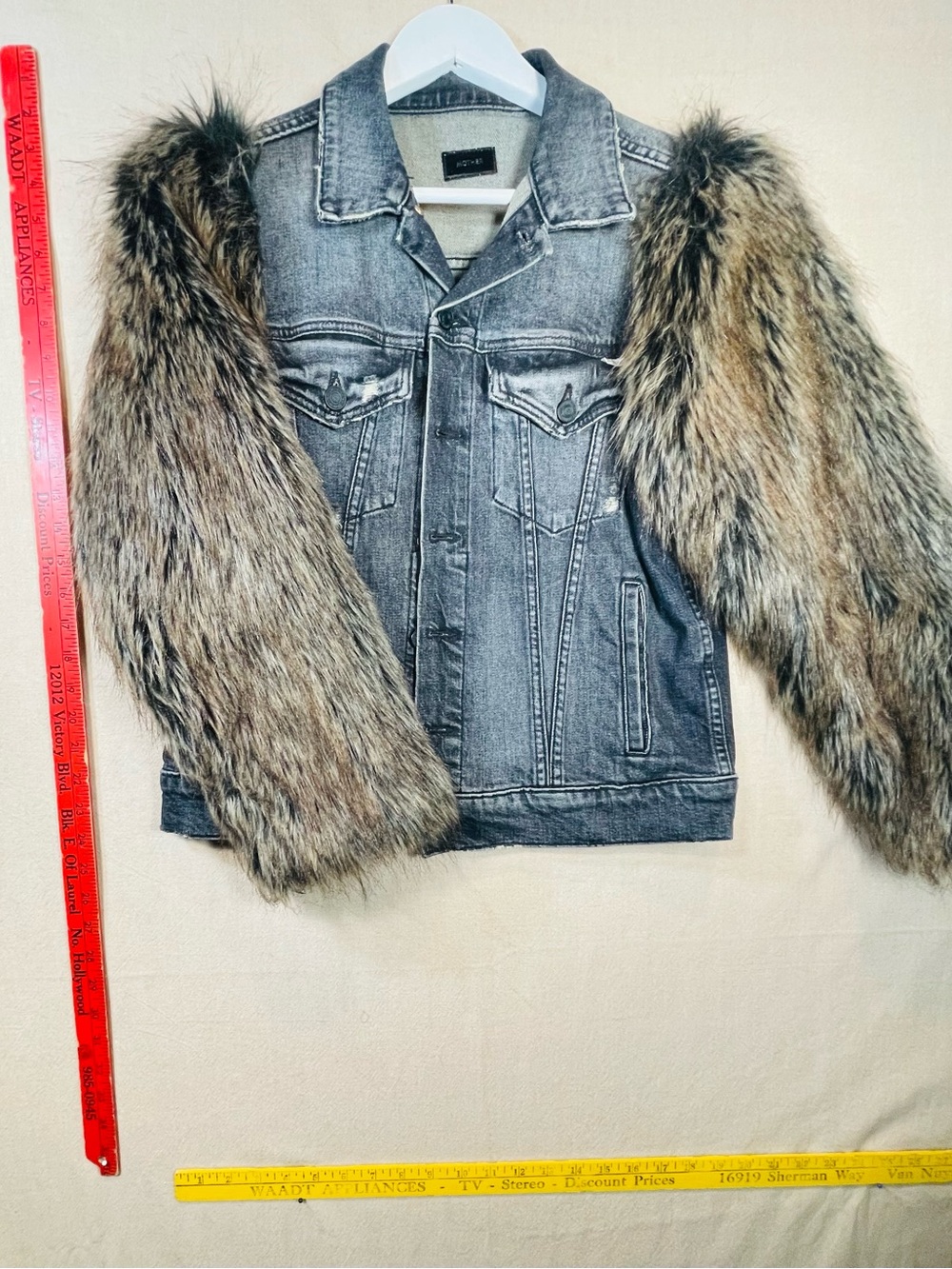 MOTHER Denim Jacket with Brown Faux Fur Sleeves - Gray Body
